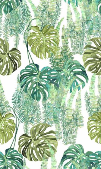 Botanikus kert pálma és páfrány mintás tapéta fehér alapon zöld minta