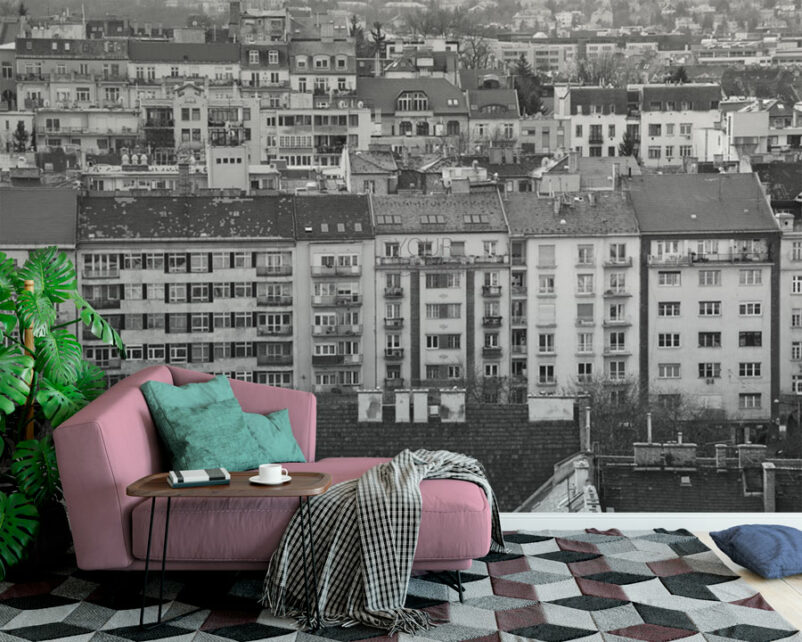 Budapest - fekete-fehér művészi fotóposzter, óriásposzter - városkép, házak felülről - nappaliban