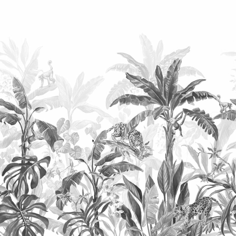 Dzsungel állatokkal - művészi tervezésű poszter - pálma mintás - fekete-fehér