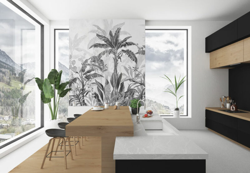 Dzsungel állatokkal - művészi tervezésű poszter konyhában - pálma mintás - fekete-fehér
