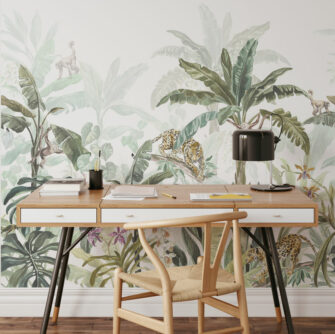 Dzsungel állatokkal - művészi tervezésű poszter nappaliban - pálma mintás - színes, zöld