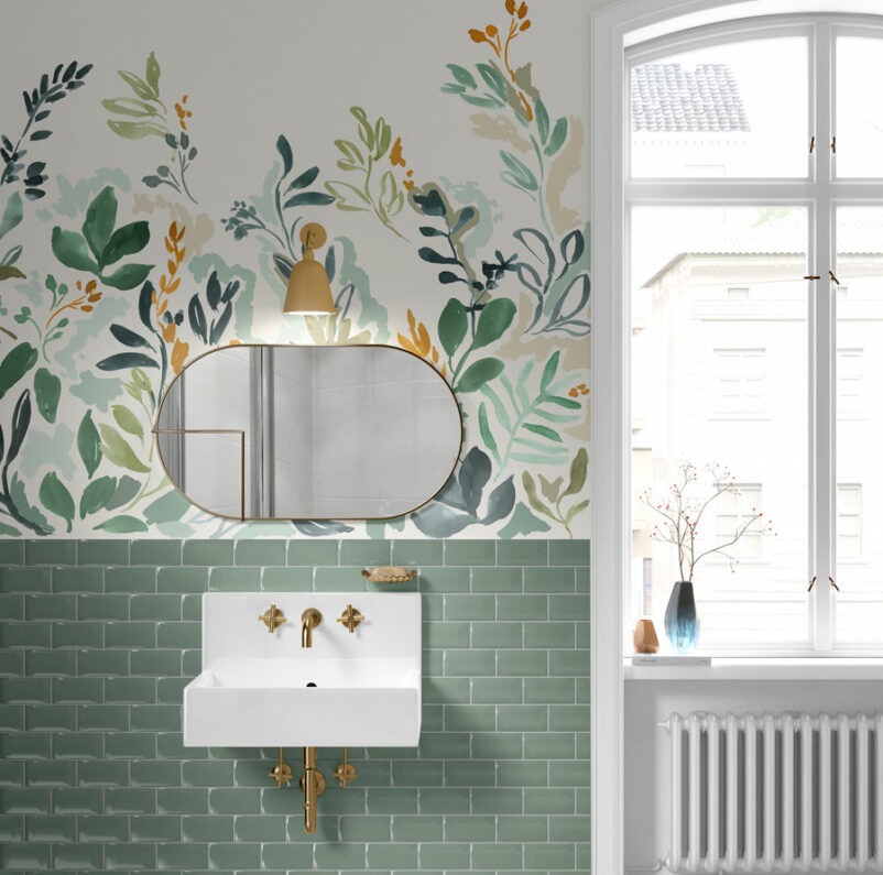 Ébredés - virág, levél mintás tapéta - mályva-szürke színű - fürdőszoba