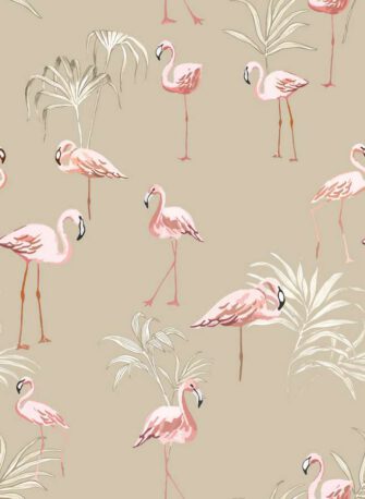 Egzotikus hangulat flamingók pálmával mintás tapéta barna alapon rózsaszín