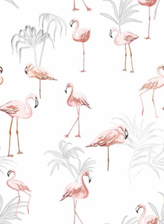 Egzotikus hangulat flamingók pálmával mintás tapéta fehér alapon rózsaszín