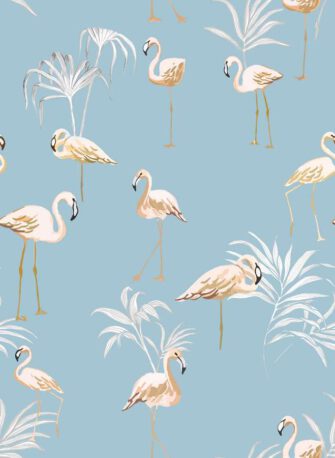 Egzotikus hangulat flamingók pálmával mintás tapéta pasztell kék alapon barack színű