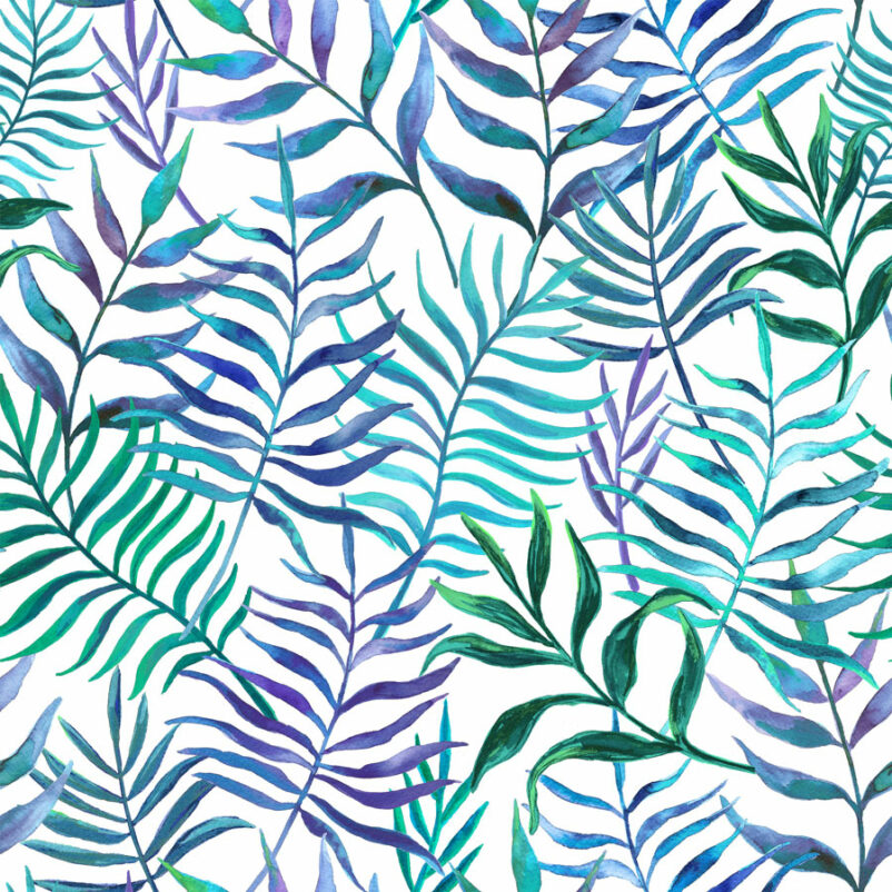 Eukaliptusz színes levél mintás tapéta fehér alapon kék és zöld színű