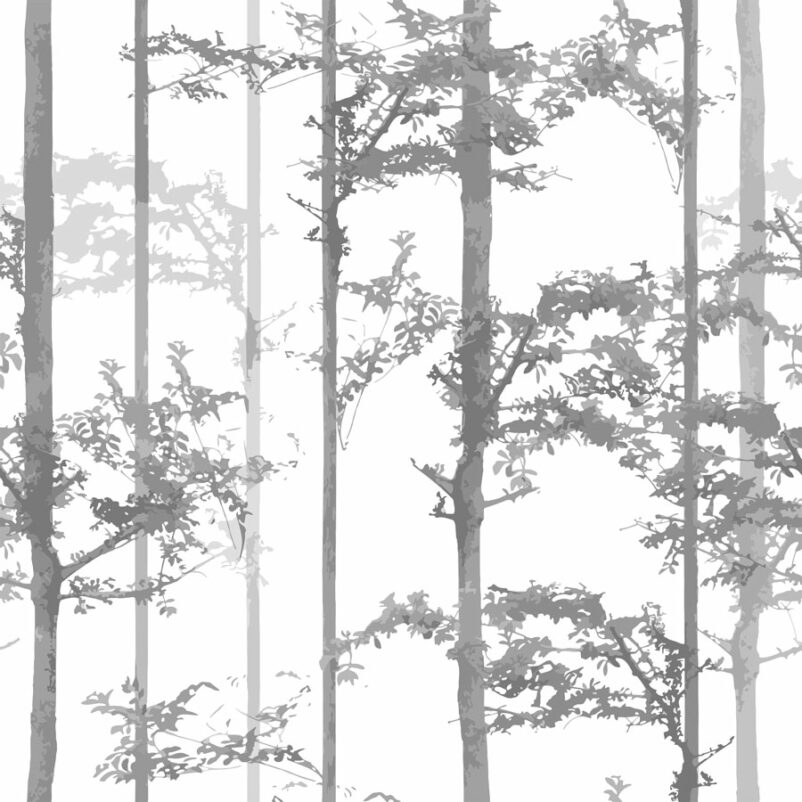 Fák között fa mintás tapéta fekete fehér színű