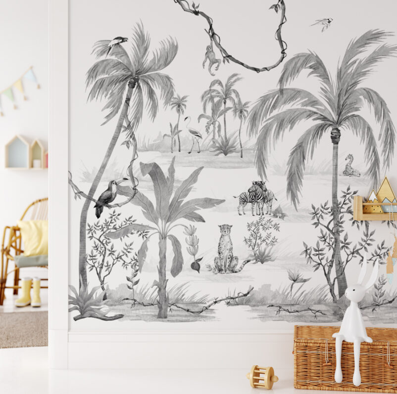 Dzsungel állatokkal - művészi tervezésű poszter nappaliban - pálma mintás - fekete-fehér