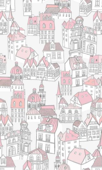 Házikók épület mintás tapéta szürke és rózsaszínű
