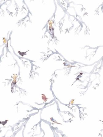 Madarak a fákon madár mintás tapéta fehér háttéren szürke színű
