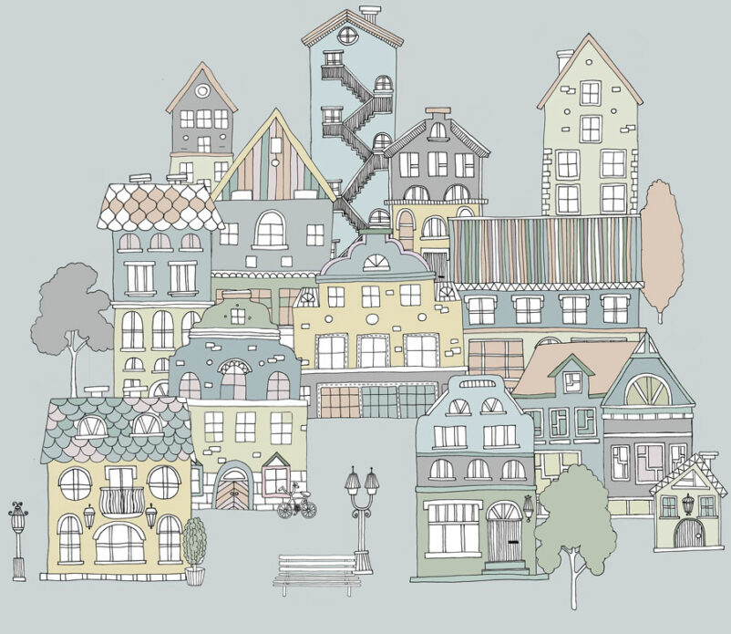 Meseváros - házikók mintás poszter gyerekeknek, művészi tervezésű poszter - kék háttérrel