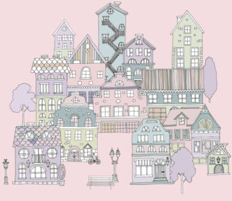 Meseváros - házikók mintás poszter gyerekeknek, művészi tervezésű poszter - rózsaszín háttérrel