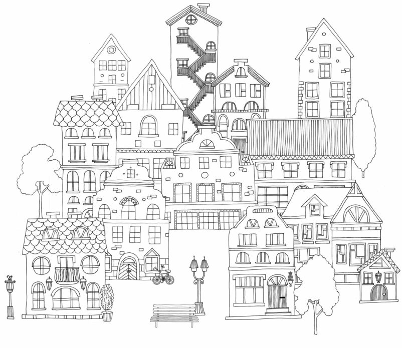Meseváros - házikók mintás poszter gyerekeknek, művészi tervezésű poszter - fekete-fehér háttérrel