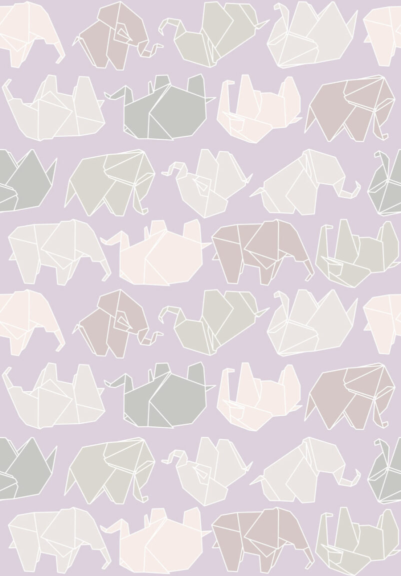 Origami elefánt mintás tapéta szürke színű gyerekszobában