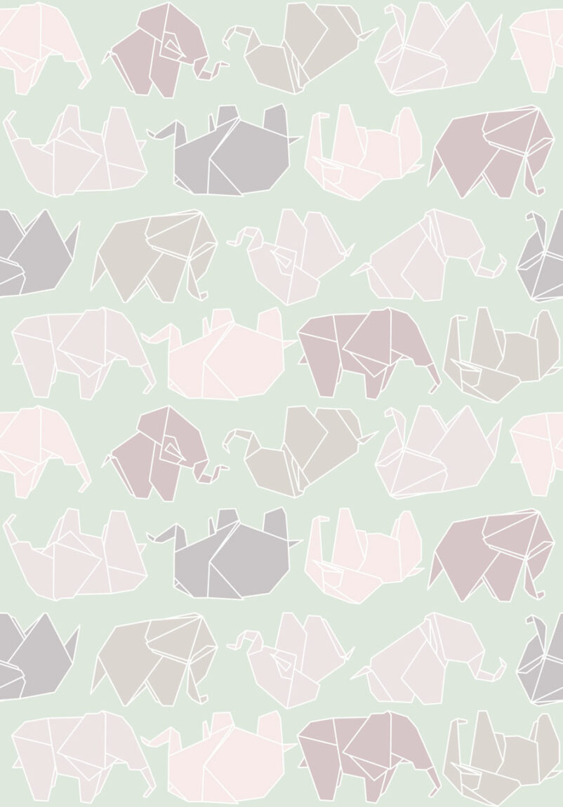 Origami elefánt mintás tapéta szürke színű gyerekszobában