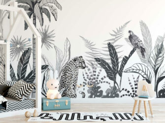 Trópusi övezet művészi tervezésű fekete-fehér fekvő faliposzter gyerekszobában