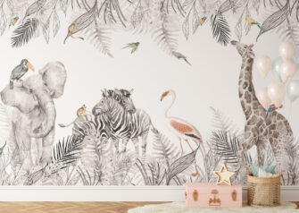 Safari állatokkal - művészi tervezésű poszter nappaliban - pálma mintás - színes, fekete-fehér