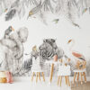 Safari állatokkal - művészi tervezésű poszter nappaliban - pálma mintás - színes, fekete-fehér