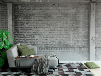 Téglafal - fekete-fehér művészi fotóposzter, óriásposzter nappaliban