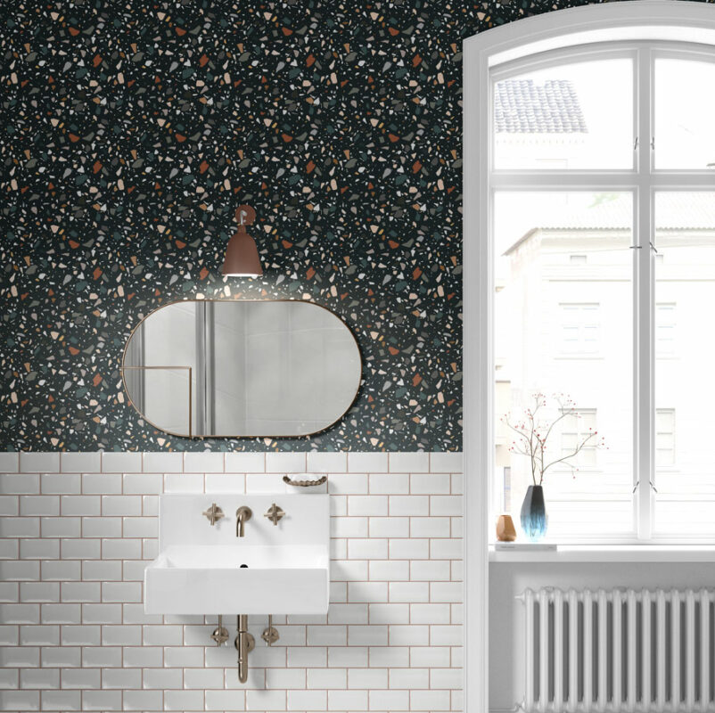 Terrazzo - geometria mintás tapéta - szürke - fekete - minta fürdőszobában