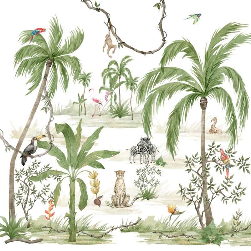 Dzsungel állatokkal - művészi tervezésű poszter nappaliban - pálma mintás - színes, zöld
