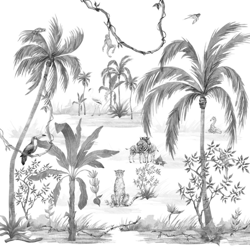 Dzsungel állatokkal - művészi tervezésű poszter nappaliban - pálma mintás - fekete-fehér