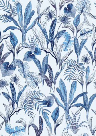 Trópusi varázslat növény mintás tapéta kék színű