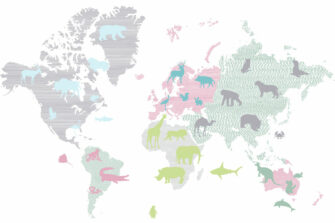 Világtérkép állatokkal - művész tervezésű poszter - rózsaszín-kék