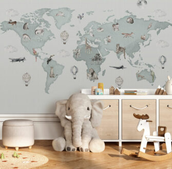 Világtérkép - állatokkal - akvarell - minta - állatokkal - gyerekszoba - baba - poszter