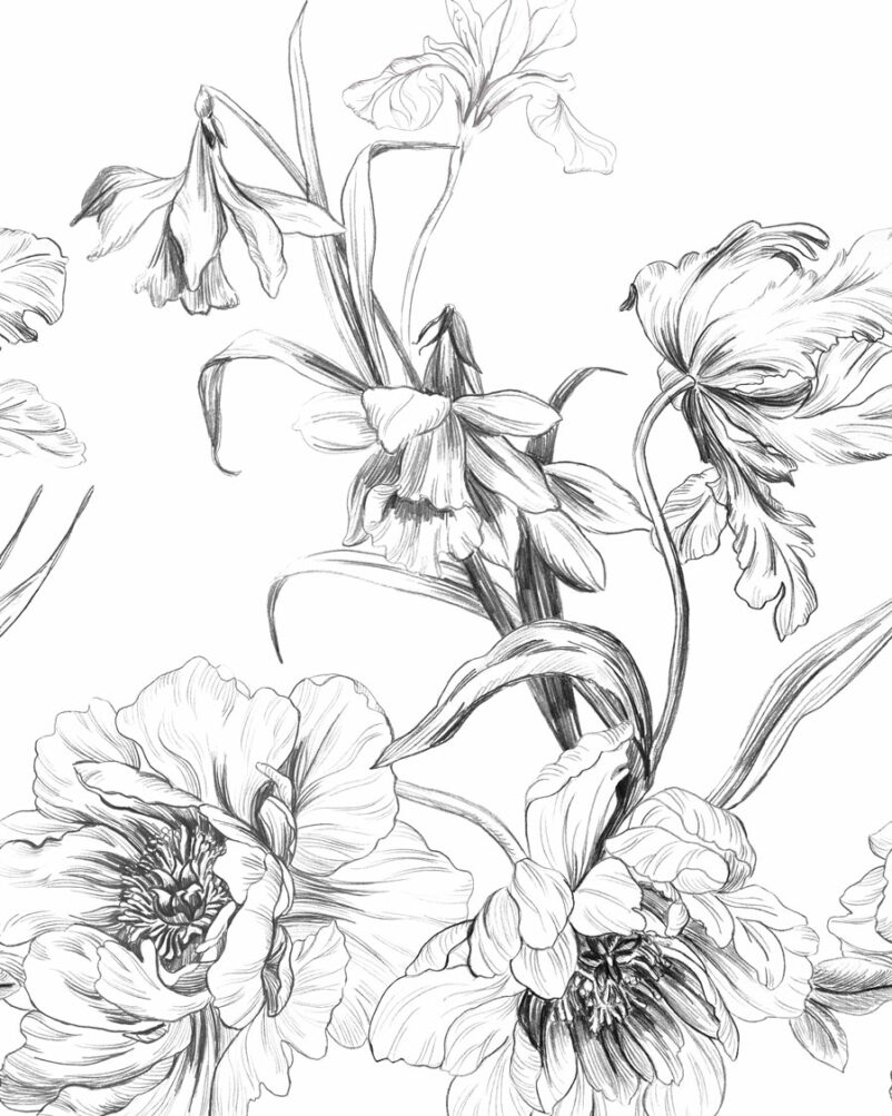 Virágom - növény mintás tapéta, poszter - fekete-fehér