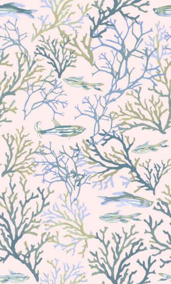 Víz alatti világ hal és korall mintás tapéta halvány rózsaszín alapon kék és zöld minta